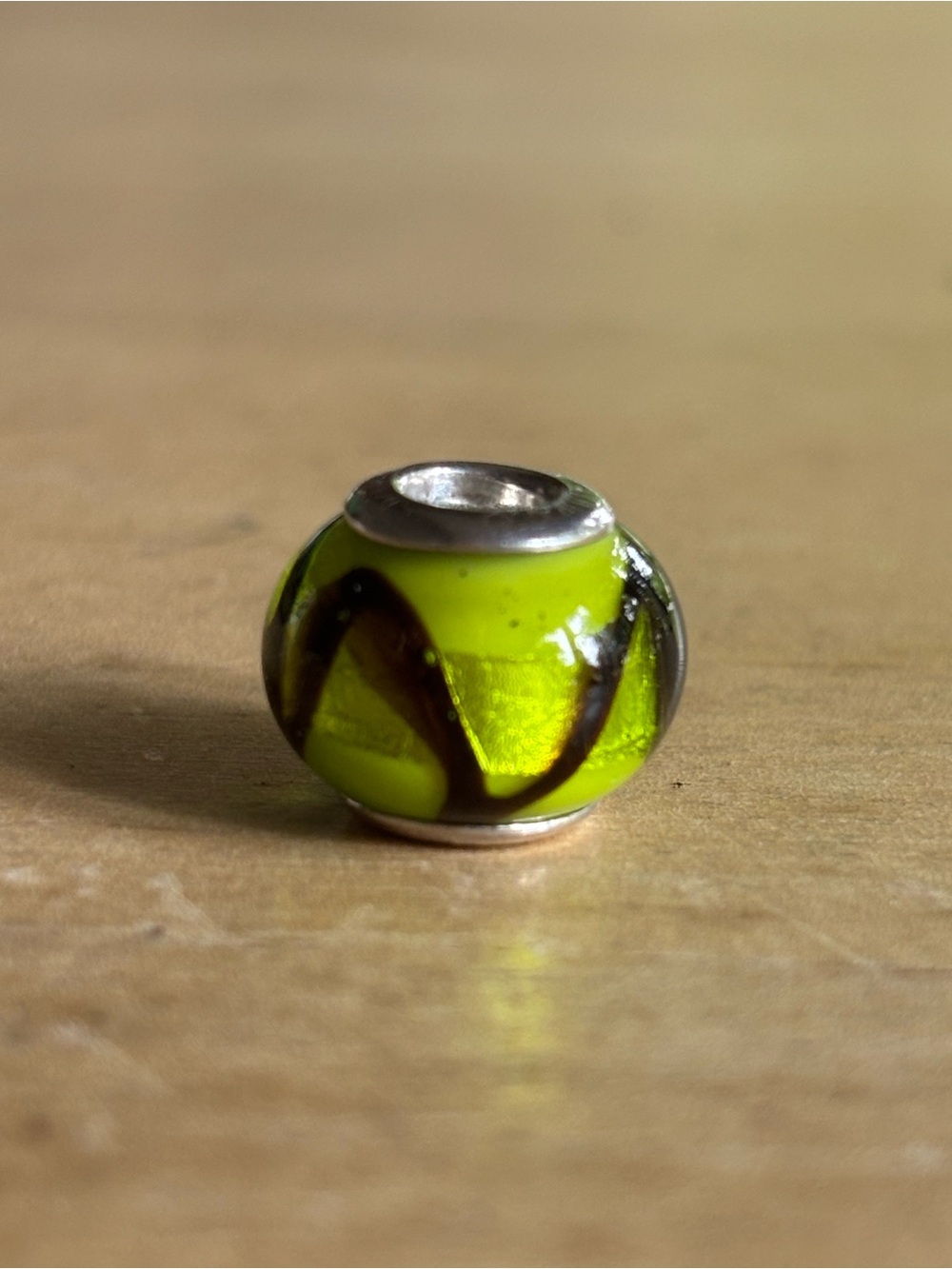 Murano Charm Bead in Lime Green with Black Swirl